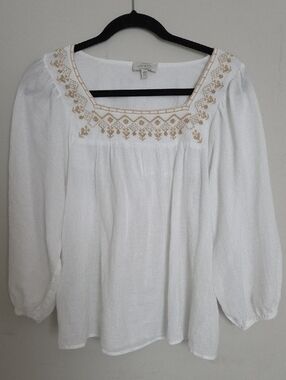 Lucky Brand White Peasant Top with Gold Embroidery